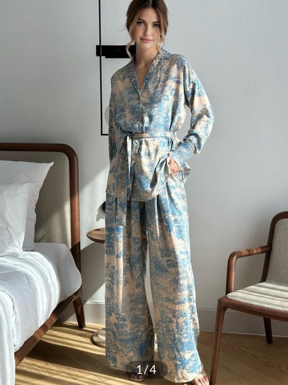 Commense Long Sleeve Wrap Tie Top And Matching Pant Set Size L Blue Chinoiserie